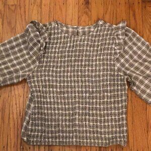 Brown Long-Sleeve Plaid Smocked Top | Ruffled Crew Neck & Cuffs